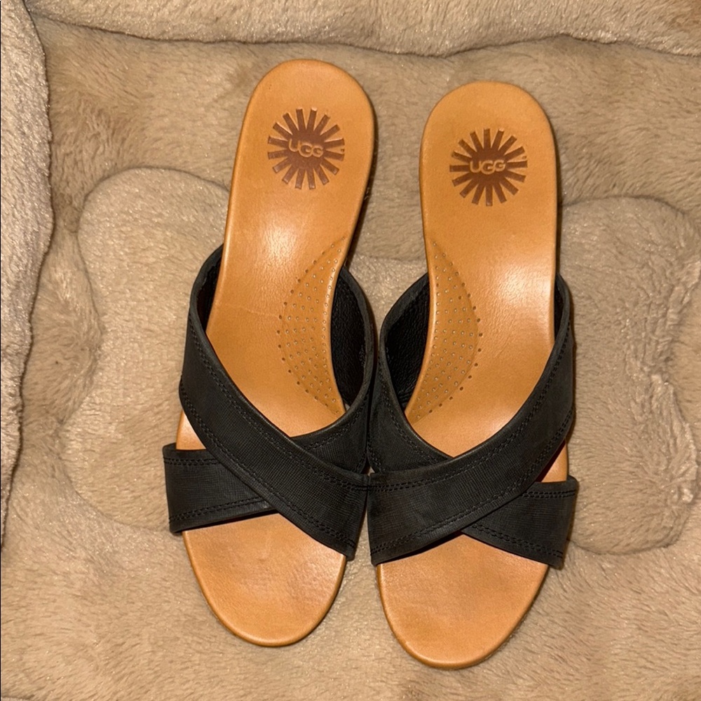 UGG Black and Tan Sandals with Slip-On Design